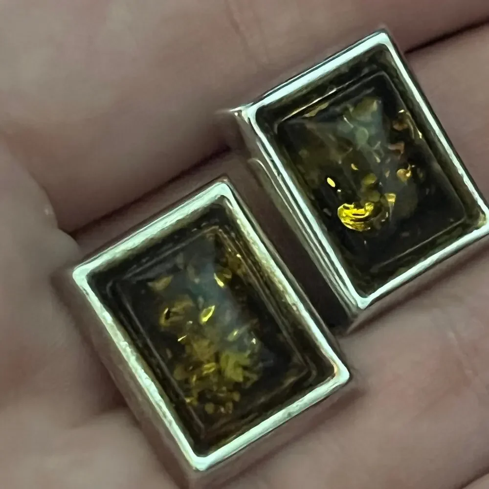 Vintage Estate Gorgeous 925 Sterling Silver Amber Stone Rectangle Clip Earrings